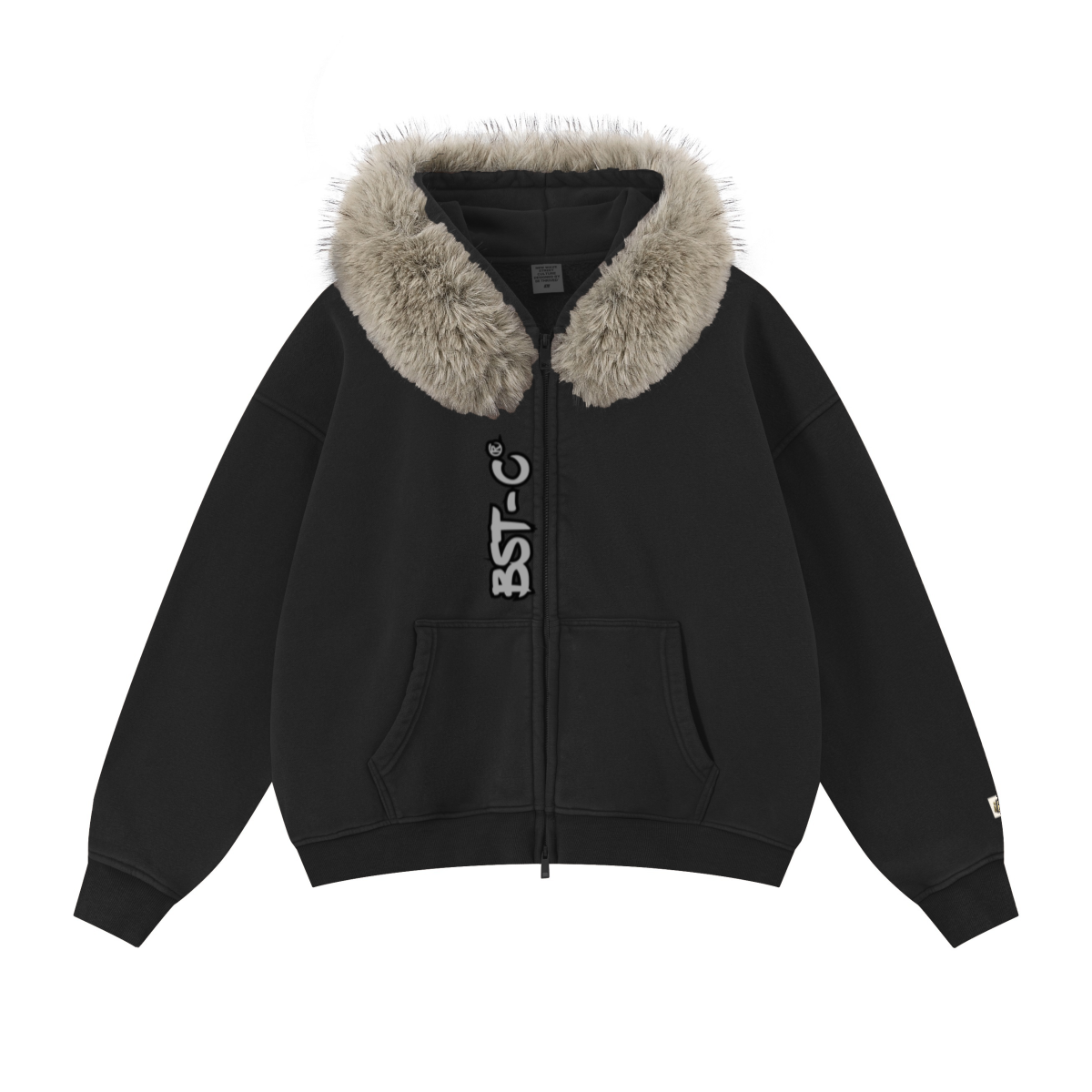 400GSM Women‘s Vintage Boxyfit Faux Fur Collar Zipper Hoodie Vintage Black