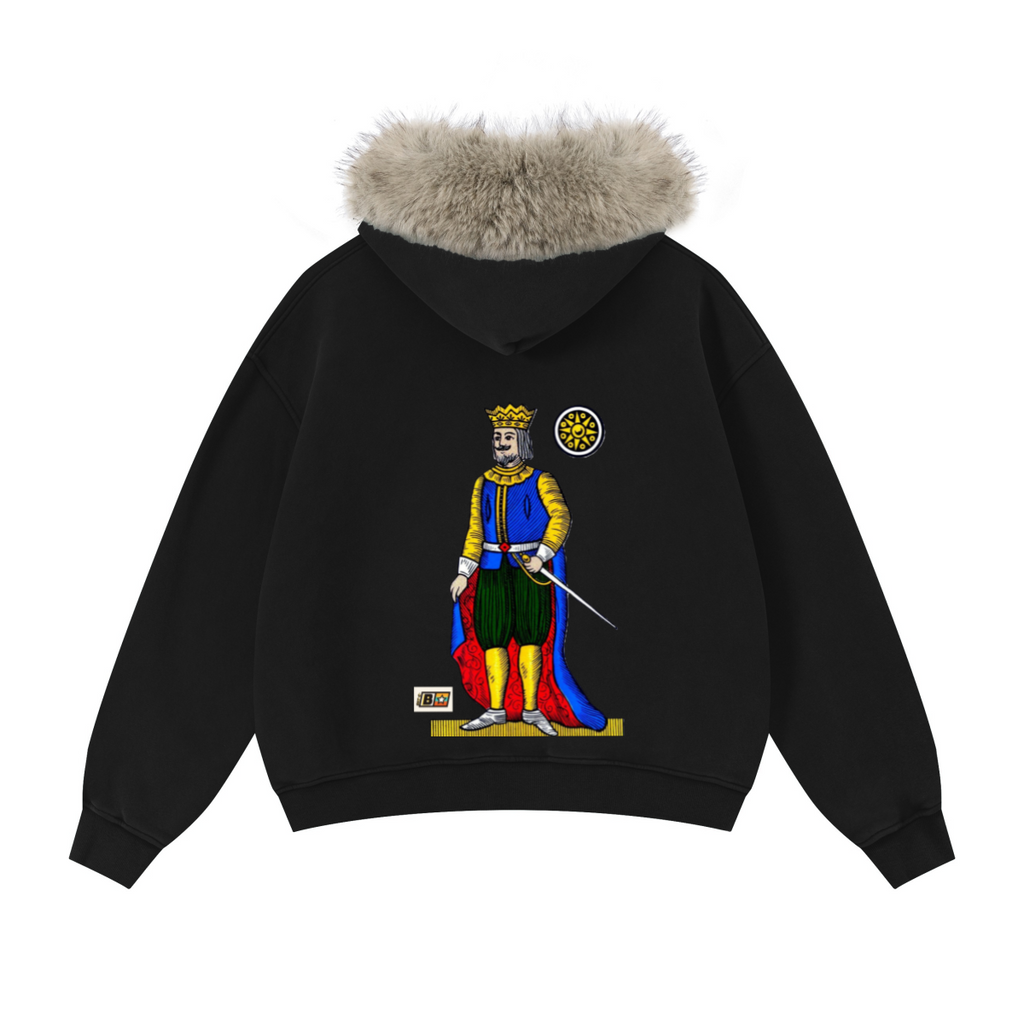 400GSM Women‘s Vintage Boxyfit Faux Fur Collar Zipper Hoodie Vintage Black