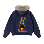 400GSM Women‘s Vintage Boxyfit Faux Fur Collar Zipper Hoodie Vintage Sapphire Blue