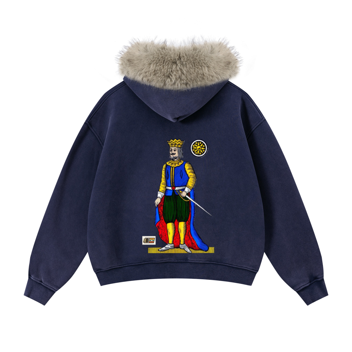 400GSM Women‘s Vintage Boxyfit Faux Fur Collar Zipper Hoodie Vintage Sapphire Blue