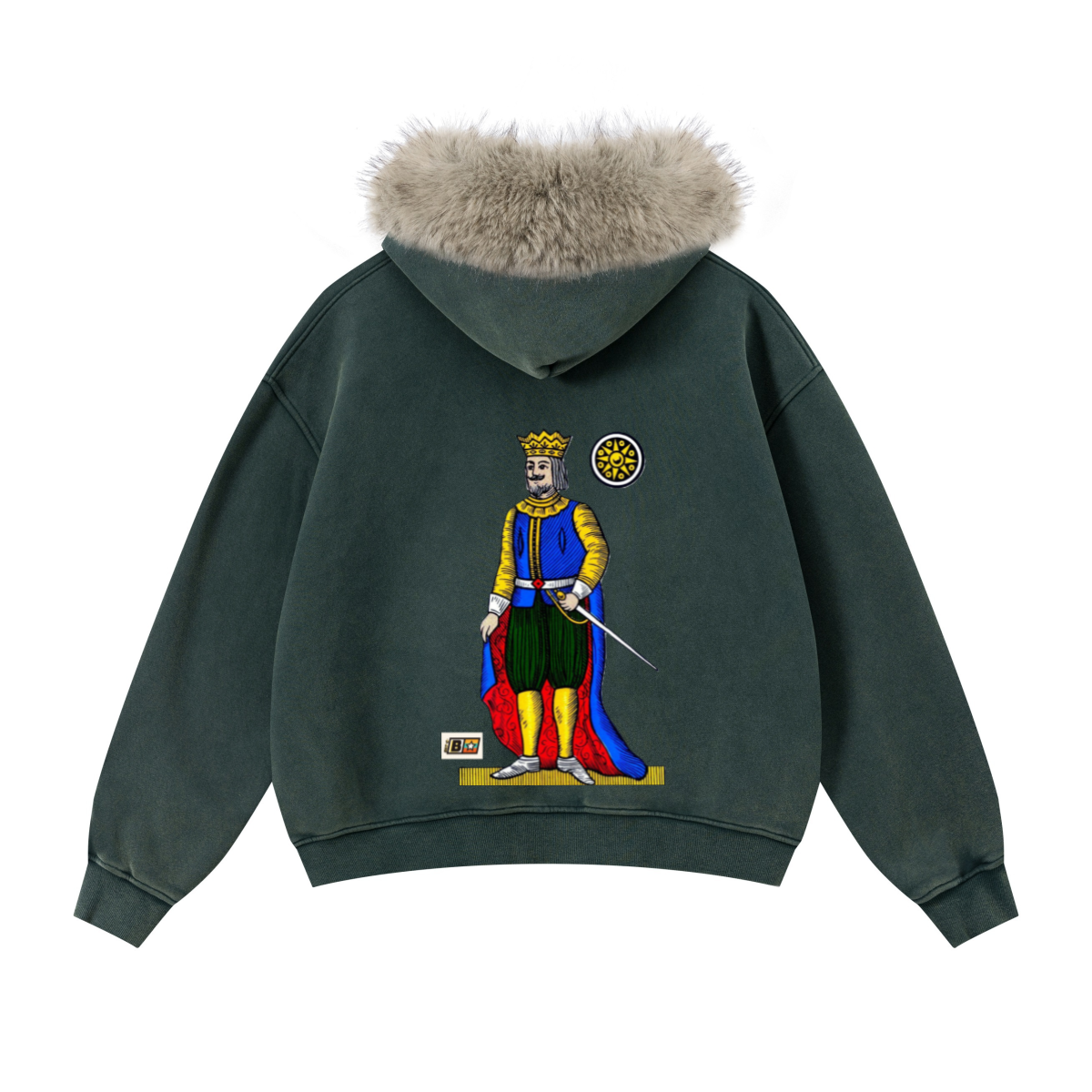 400GSM Women‘s Vintage Boxyfit Faux Fur Collar Zipper Hoodie Vintage Olive Green