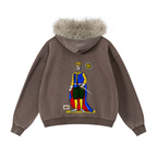 400GSM Women‘s Vintage Boxyfit Faux Fur Collar Zipper Hoodie Vintage Deep Brown