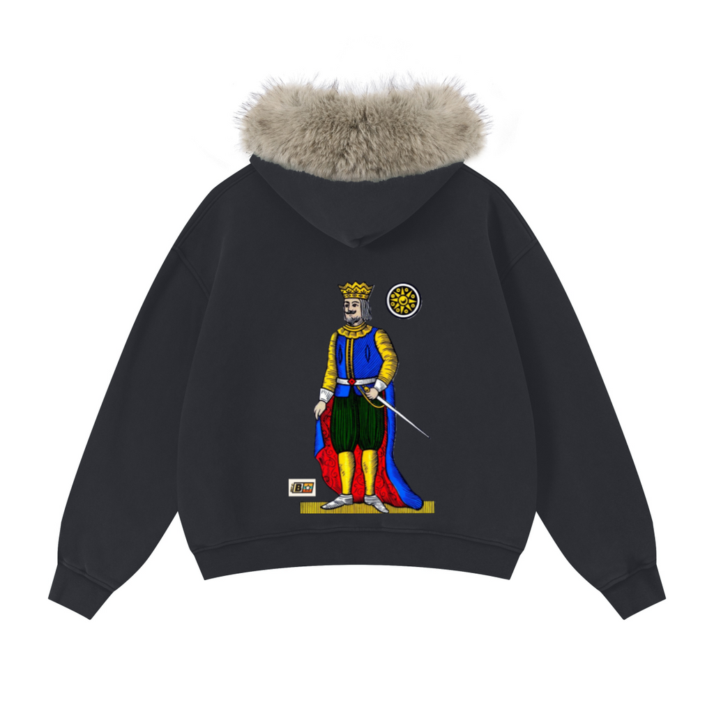 400GSM Women‘s Vintage Boxyfit Faux Fur Collar Zipper Hoodie Vintage Dark Grey