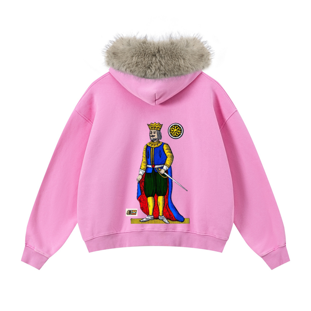 400GSM Women‘s Vintage Boxyfit Faux Fur Collar Zipper Hoodie Vintage Peach Pink