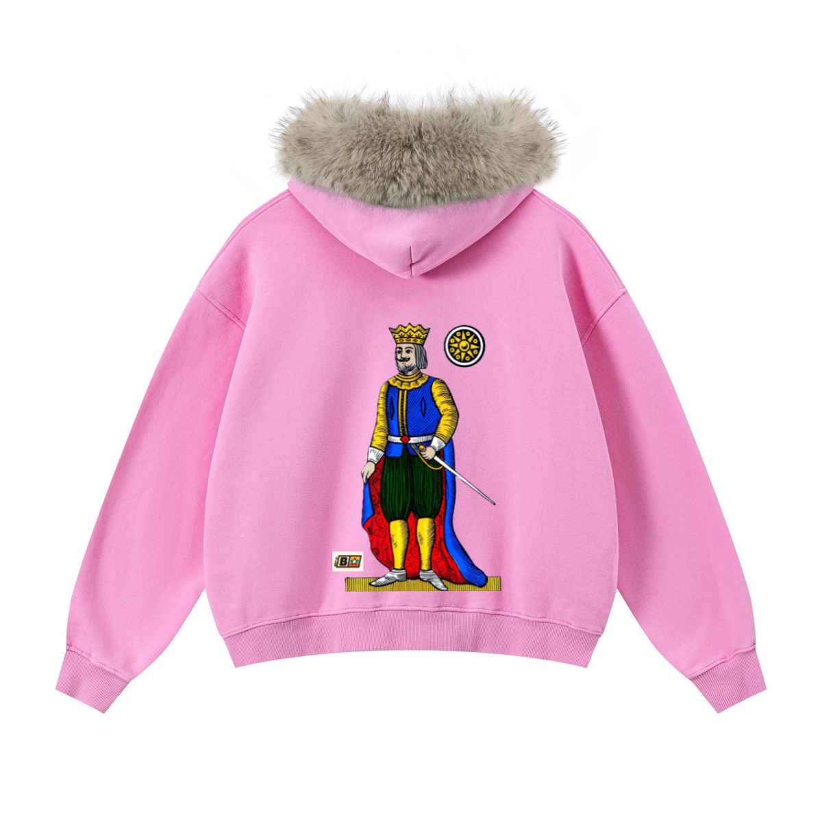 400GSM Women‘s Vintage Boxyfit Faux Fur Collar Zipper Hoodie Vintage Peach Pink