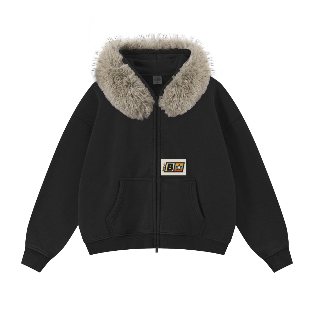 400GSM Women‘s Vintage Boxyfit Faux Fur Collar Zipper Hoodie Vintage Black