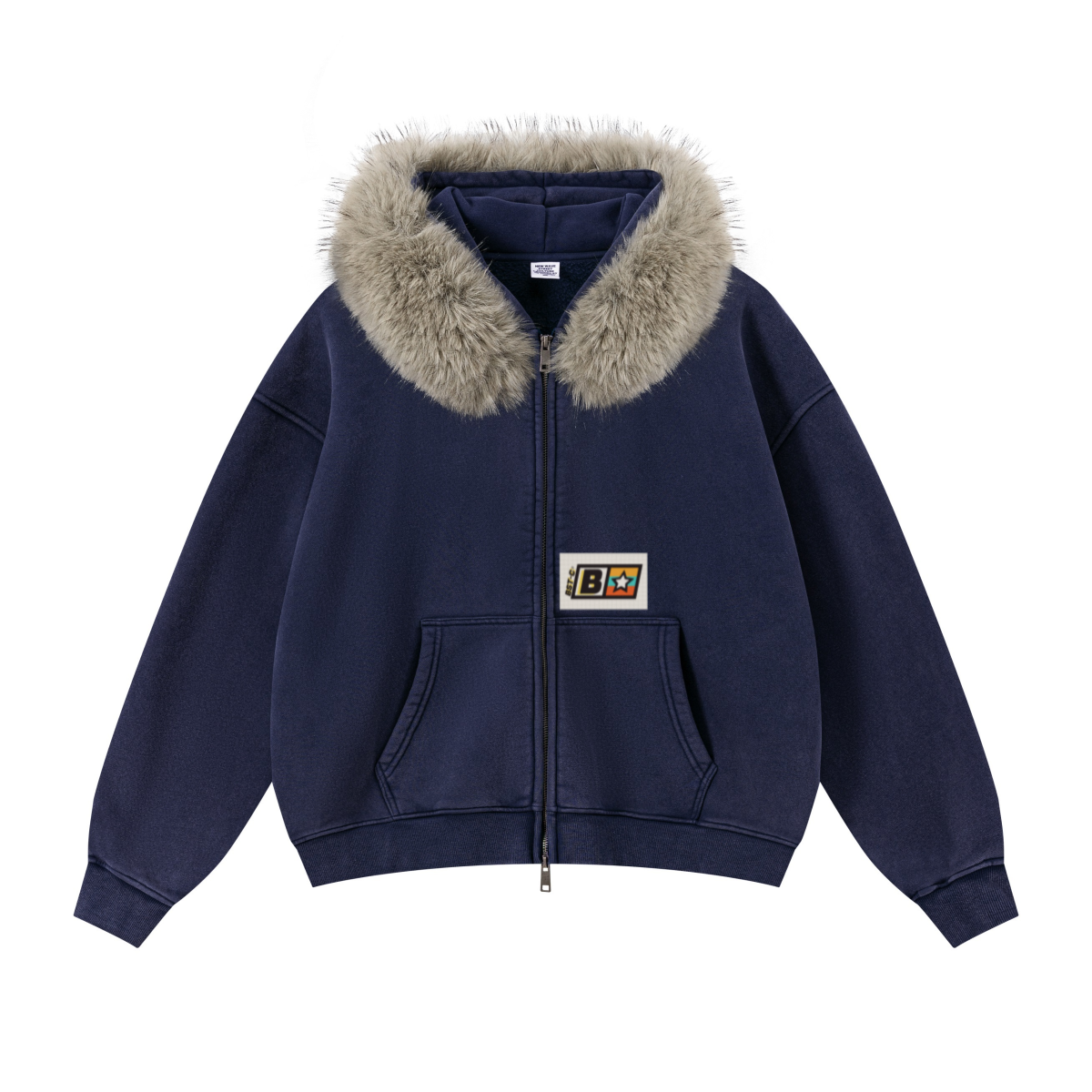 400GSM Women‘s Vintage Boxyfit Faux Fur Collar Zipper Hoodie Vintage Sapphire Blue
