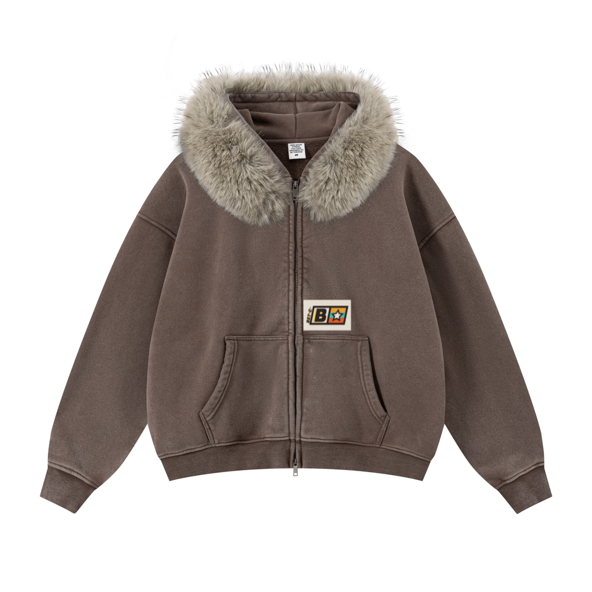 400GSM Women‘s Vintage Boxyfit Faux Fur Collar Zipper Hoodie Vintage Deep Brown