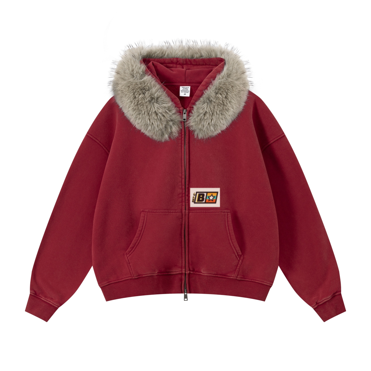 400GSM Women‘s Vintage Boxyfit Faux Fur Collar Zipper Hoodie Vintage Rust Red