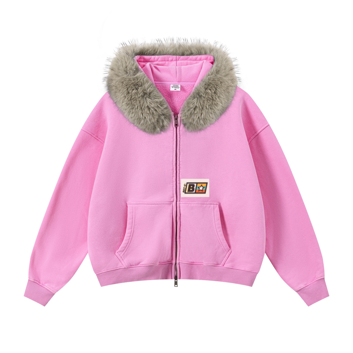 400GSM Women‘s Vintage Boxyfit Faux Fur Collar Zipper Hoodie Vintage Peach Pink