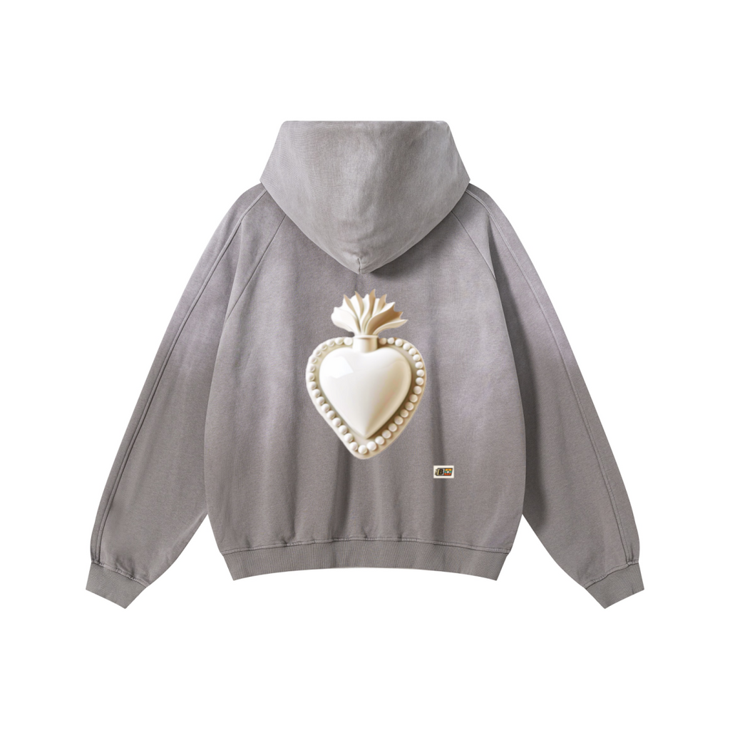 370GSM Unisex Monkey Wash Raw-Edge PP-Sprayed French Terry Hoodie Vintage Medium Grey