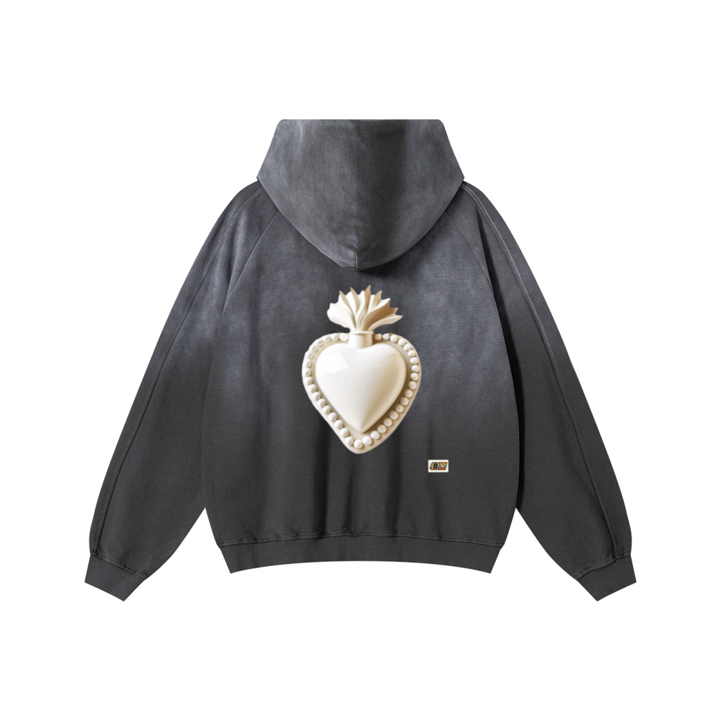 370GSM Unisex Monkey Wash Raw-Edge PP-Sprayed French Terry Hoodie Vintage Dark Grey