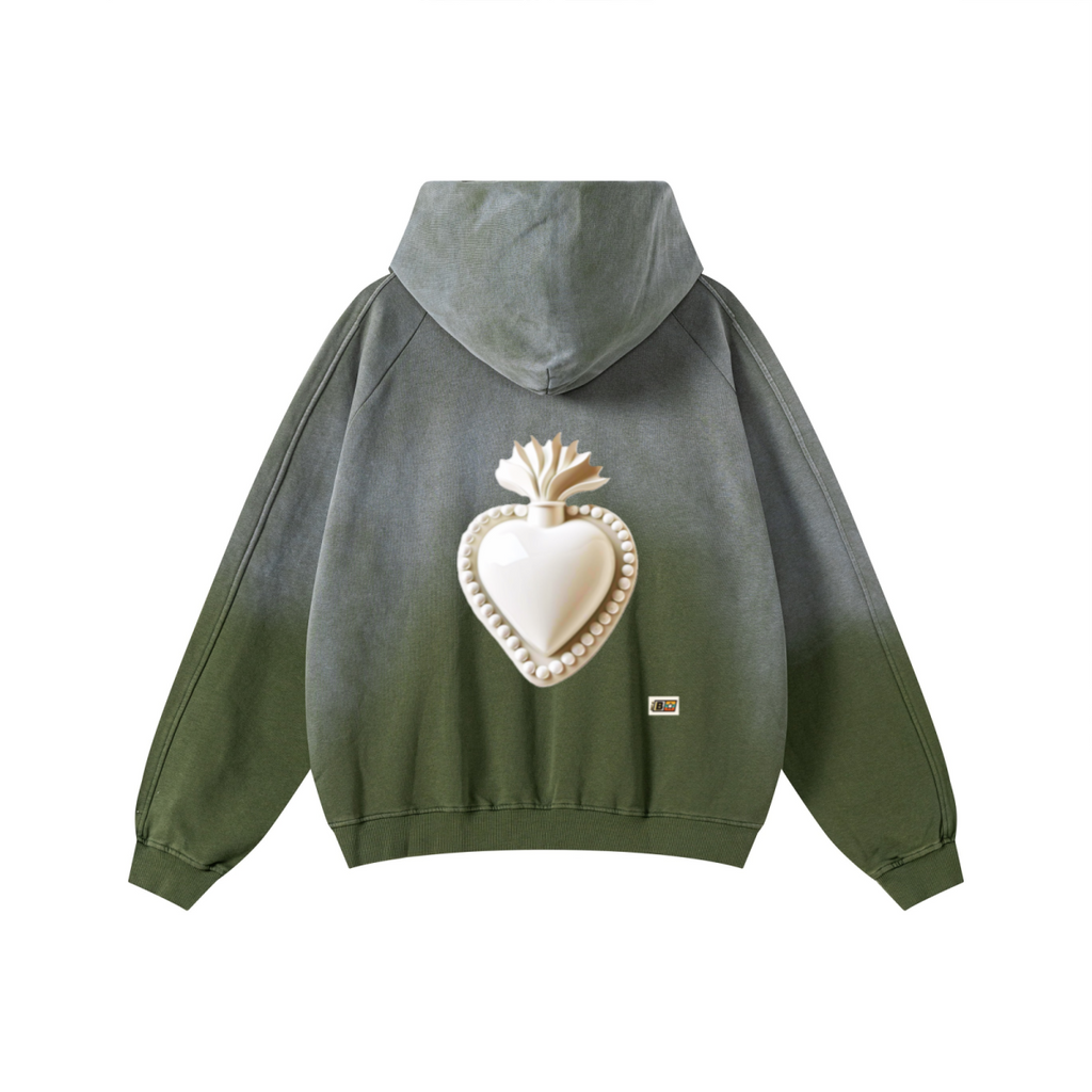 370GSM Unisex Monkey Wash Raw-Edge PP-Sprayed French Terry Hoodie Vintage Military Green